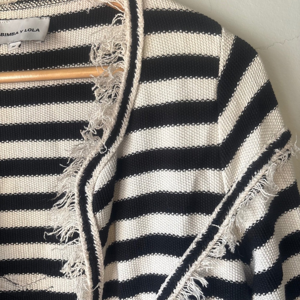Bimba Y Lola Striped Knit Cardigan Jacket Black White Frayed Fringe Trim Medium - Picture 4 of 6